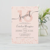 Rose Gold Glitzer Konfetti Rose Sweet 16 Foto Einladung (Stehend Vorderseite)