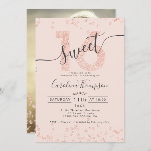 Rose Gold Glitzer Konfetti Rose Sweet 16 Foto Einladung (Vorne/Hinten)