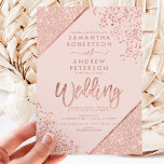 Rose Gold Glitzer Konfetti Schick Rosa Hochzeit Einladung<br><div class="desc">Rose Gold Glitzer Konfetti und Farbe Block Typografie auf anpassbaren pastellrot Rosa und Imitate Rose goldene geometrische Streifen schicke Hochzeit ,  ideal für elegante,  luxuriöse Hochzeit, </div>