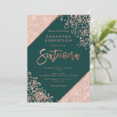 Rose Gold Glitzer Konfetti Smaragdgrün Süße 16 Einladung (Stehend Vorderseite)