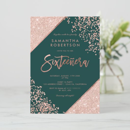 Rose Gold Glitzer Konfetti Smaragdgrün Süße 16 Einladung (Stehend Vorderseite)