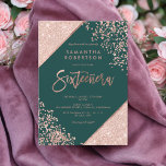 Rose Gold Glitzer Konfetti Smaragdgrün Süße 16 Einladung<br><div class="desc">Rose Gold Glitzer Konfetti und Farbe Block Typografie auf anpassbaren smaragdgrünen und Imitate Rose goldene geometrische Streifen chic Sweet 16 Geburtstagsparty einladen ,  perfekt für elegante,  luxuriöse Sixteeñera, </div>