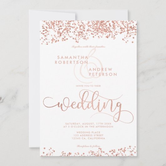 Rose Gold Glitzer Konfetti Weiße Hochzeit Foto Einladung (Vorderseite)