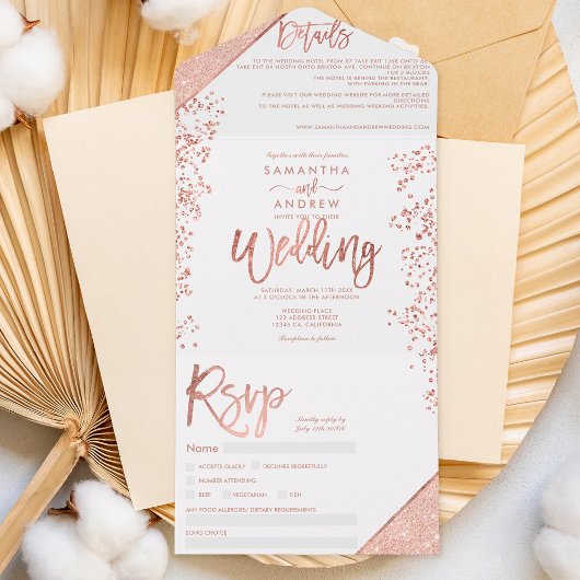 Rose Gold Glitzer Konfetti Weißer Chic Hochzeit All In One Einladung