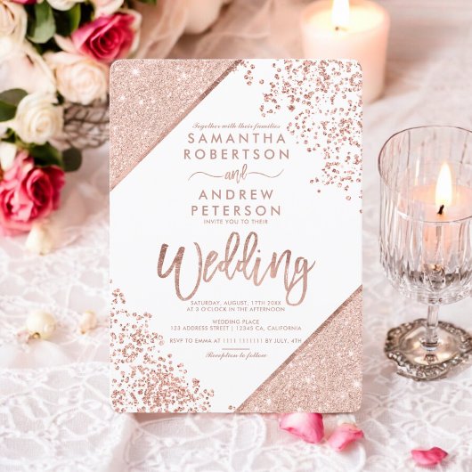 Rose Gold Glitzer Konfetti Weißer Hochzeit Einladung