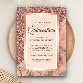 Rose Gold Glitzer Koralle Rosa Marmor Quinceanera Einladung