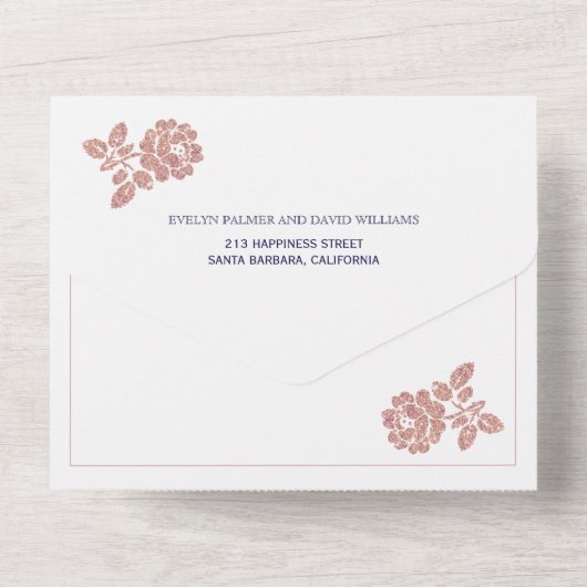 Rose Gold Glitzer Kranz auf bordeauxroten Hochzeit All In One Einladung (Rückseite)