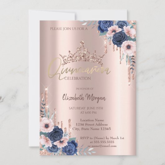 Rose Gold Glitzer Kronenfall, Rose Quinceañera Einladung (Vorderseite)