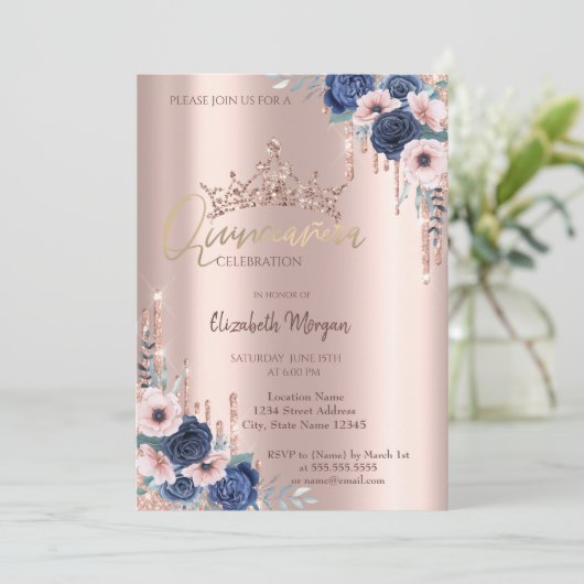 Rose Gold Glitzer Kronenfall, Rose Quinceañera Einladung (Stehend Vorderseite)