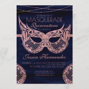 Rose Gold Glitzer Lace Masquerade Quinceañera Einladung