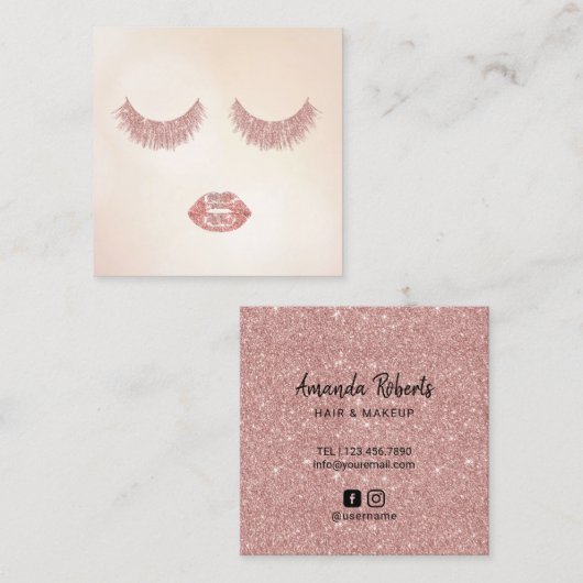Rose Gold Glitzer Lashes & Lips Quadratische Visitenkarte (Vorne/Hinten)