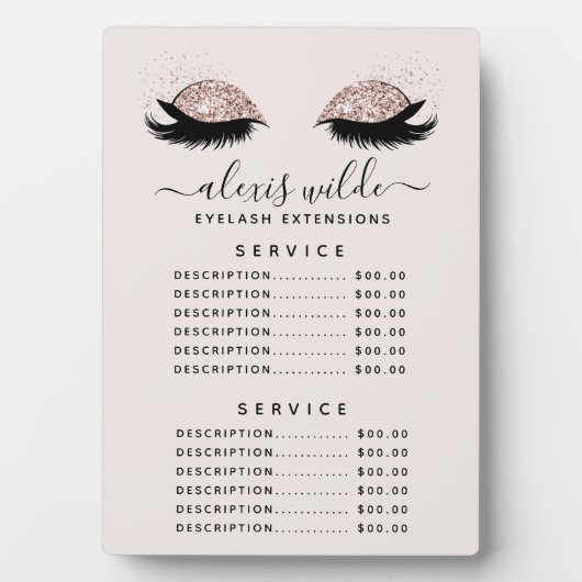 Rose Gold Glitzer Lashes Salon Price Menü Plaque Fotoplatte (Vorderseite)