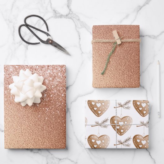Rose Gold Glitzer Lebkuchen Herzstück Geburtstag Geschenkpapier Set (Vorderseite)