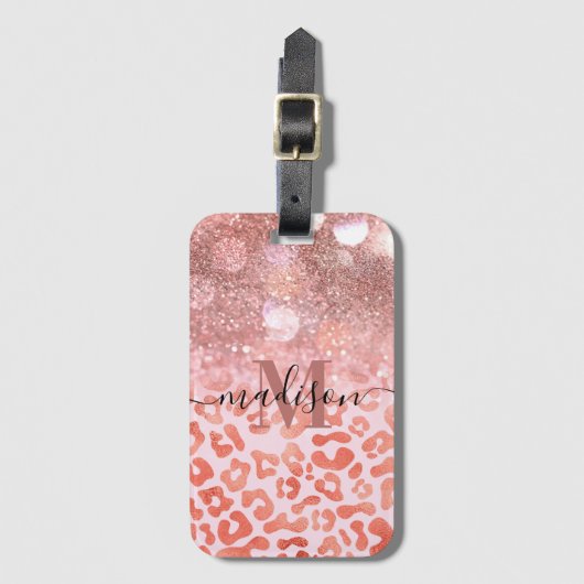 Rose Gold Glitzer Leopard Print Gepäckanhänger (Vorderseite Vertikal)