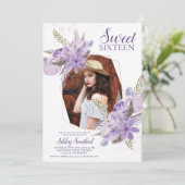 Rose Gold Glitzer lila blumengeschmücktes Foto Swe Einladung (Stehend Vorderseite)