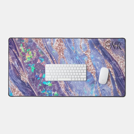 Rose Gold Glitzer Lila Opal Gem Marmormongramm Schreibtischunterlage (Tastatur & Maus)