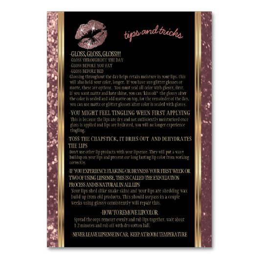 Rose Gold Glitzer Lipsense Senegence Instructions Tischnummer (Rückseite)