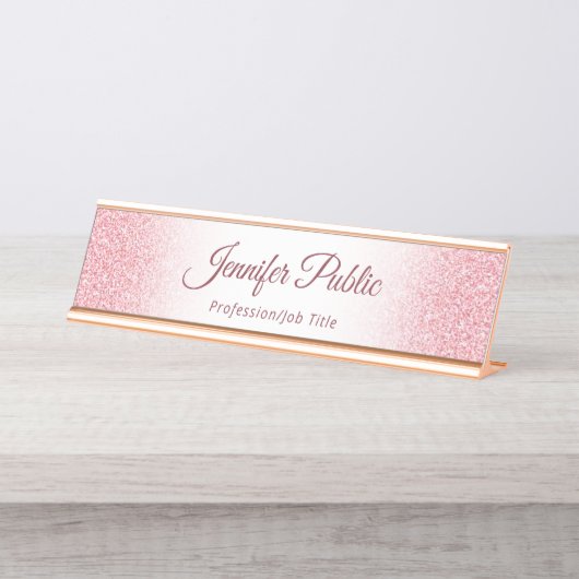 Rose Gold Glitzer Look Elegante Moderne Vorlage Schreibtischnamensplakette (Vorderseite )