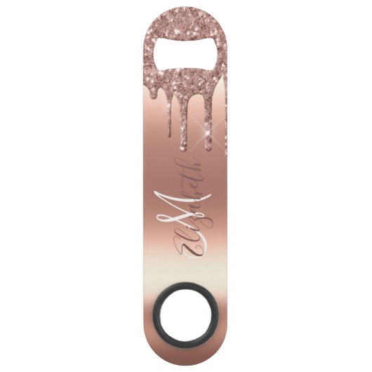 Rose Gold Glitzer Look Tropfen Monogram Metal Speed Flaschenöffner (Rückseite)