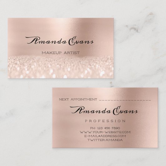 Rose Gold Glitzer Makeup Artist Kosmetologe Terminkarte (Vorne/Hinten)