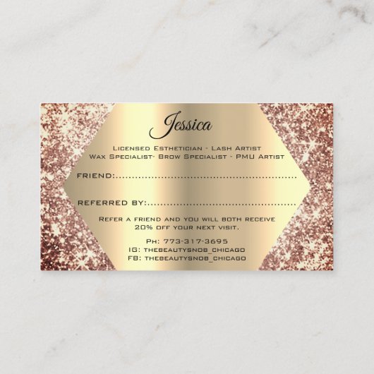Rose Gold Glitzer Makeup Artist Lash Refer Friend Visitenkarte (Rückseite)