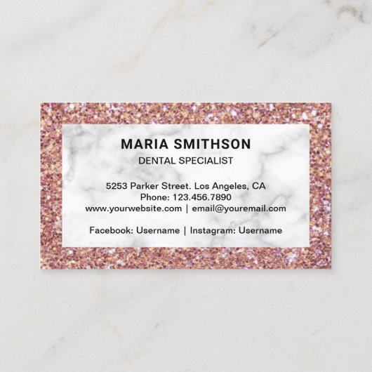 Rose Gold Glitzer Marble Zahnklinik Zahnarzt Visitenkarte (Rückseite)