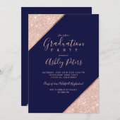 Rose Gold Glitzer Marine blaue Typografie Abschlus Einladung (Vorne/Hinten)
