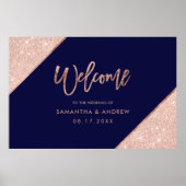 Rose Gold Glitzer Marineblau Hochzeitsempfang Poster (Vorne)