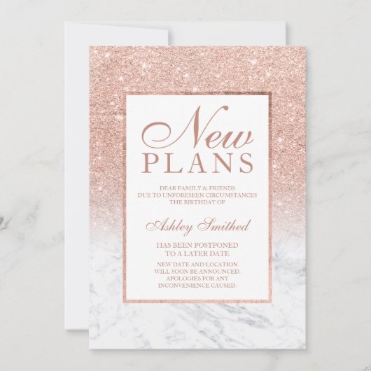 Rose Gold Glitzer Marmor elegante neue Pläne Einladung (Vorderseite)