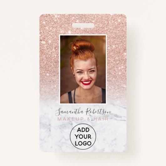 Rose Gold Glitzer Marmor Firmenlogo Foto Pass Ausweis (Vorderseite)