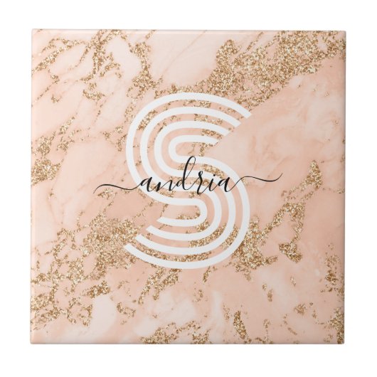Rose Gold Glitzer Marmor, Skriptname für Monogramm Fliese (Vorderseite)