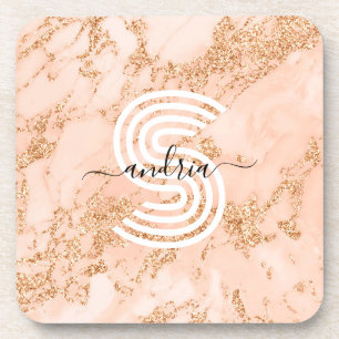 Rose Gold Glitzer Marmor, Skriptname für Monogramm Getränkeuntersetzer