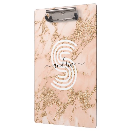 Rose Gold Glitzer Marmor, Skriptname für Monogramm Klemmbrett (Links)