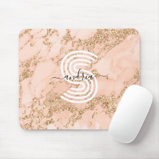 Rose Gold Glitzer Marmor, Skriptname für Monogramm Mousepad (Mit Mouse)