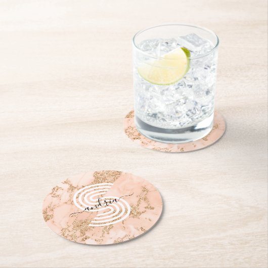 Rose Gold Glitzer Marmor, Skriptname für Monogramm Runder Pappuntersetzer (Vor Ort)