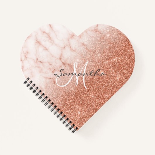 Rose Gold Glitzer Marmormonogramm Herz Notizblock (Vorderseite)