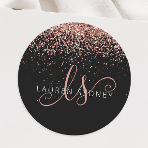 Rose Gold Glitzer Metal Monogram Glam Name Runder Aufkleber