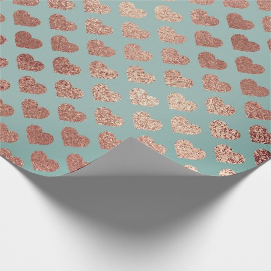 Rose Gold Glitzer Metallic Mint Blue Hearts Geschenkpapier (Ecke)
