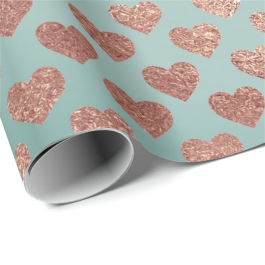Rose Gold Glitzer Metallic Mint Blue Hearts Geschenkpapier (Rolleneckpunkt)