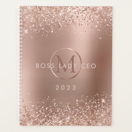 Rose Gold Glitzer Metallic Monogram 2023 Boss Lady Planer (Vorderseite)
