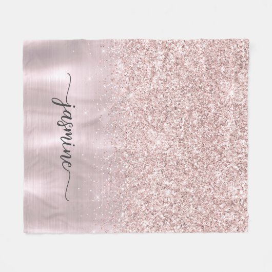 Rose Gold Glitzer Metallic Monogram Name Script Fleecedecke (Vorderseite (Horizontal))