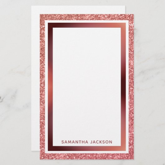 Rose Gold Glitzer Metallische Rosa Rahmen mit Name Briefpapier (Vorne/Hinten)