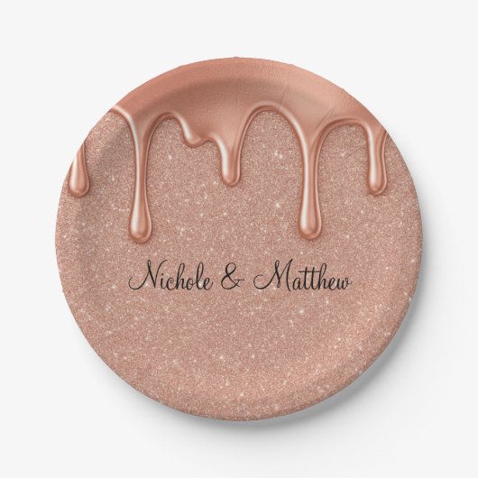 Rose Gold Glitzer & Metallische Tropfen Hochzeit Pappteller (Vorderseite)