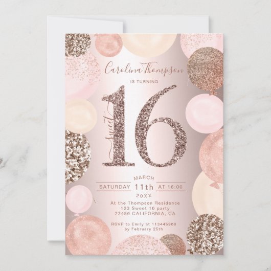Rose Gold Glitzer Metallischer Ballon Sweet 16 Fot Einladung (Vorderseite)