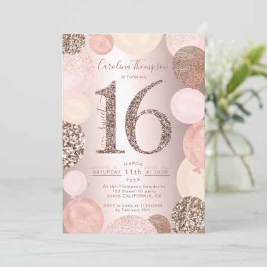Rose Gold Glitzer Metallischer Ballon Sweet 16 Fot Einladung (Stehend Vorderseite)