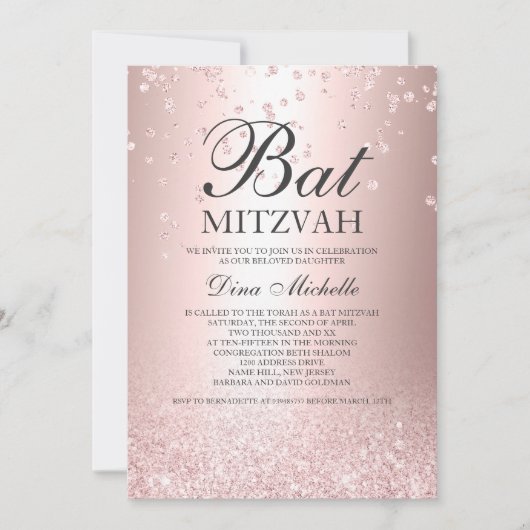 Rose Gold Glitzer metallischer Funken Bat Mitzvah Einladung (Vorderseite)
