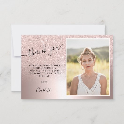 Rose Gold Glitzer Metallisches ombre 3 Fotos Sweet Dankeskarte (Vorderseite)