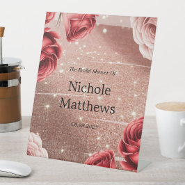 Rose Gold Glitzer mit Rote Rosen Brautparty Sockelschild