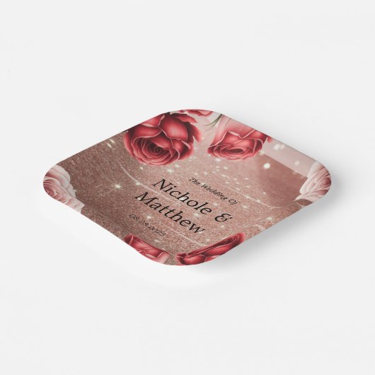 Rose Gold Glitzer mit Rote Rosen Hochzeit Pappteller (Gewinkelt)