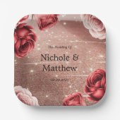 Rose Gold Glitzer mit Rote Rosen Hochzeit Pappteller (Vorderseite)